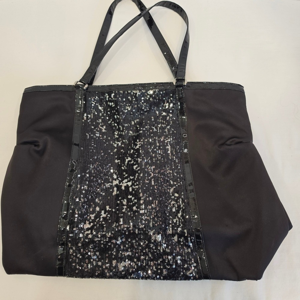 Black Sequin Patent Trim Shoulder Tote Bag Large Sparkle Handbag